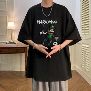 T6242P25 夏2023落肩款宽松棉T男士T恤港风印花纯棉短T白色图片