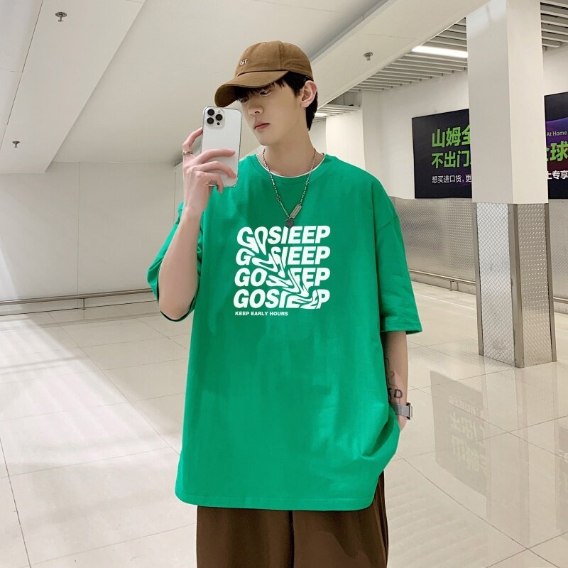 T3341P25短袖潮趣印花T恤春夏新款2022男宽松T恤港风落肩纯棉男T,男装T恤,星座510A-6