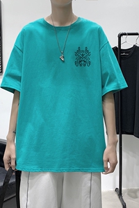 D2124P18港风室内纯棉男短袖港风净版小标印花宽松休闲情侣装T恤