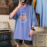 T3462P25男宽松T恤港风落肩纯棉男T短袖印花T恤小熊印花圆领，男装T恤，星座510A-6
