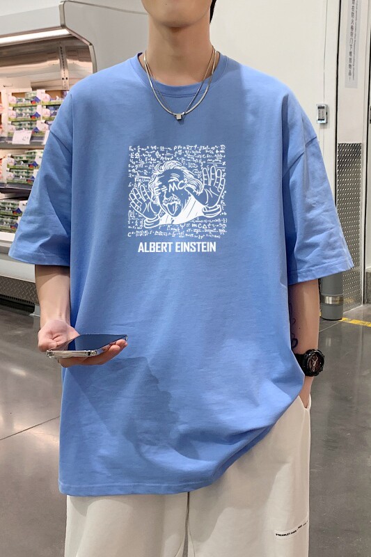 T3477P25新2022男宽松圆领T恤港风落肩纯棉T短袖字母卡通印花T恤,男装T恤,星座510A-6
