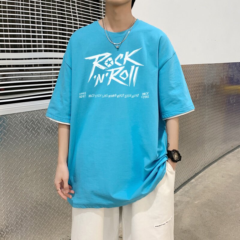 T3481P25新2022男宽松圆领T恤港风落肩纯棉T短袖字母卡通印花T恤,男装T恤,星座510A-6
