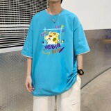 T3482P25春夏新款2022男宽松T恤港风落肩纯棉男T短袖潮趣印花T恤，男装T恤，星座510A-6