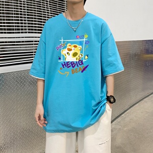 T3482P25春夏新款2022男宽松T恤港风落肩纯棉男T短袖潮趣印花T恤图片