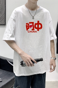 T2207P25港风室内纯棉男短袖港风对勾后背印花宽松休闲情侣装T恤图片