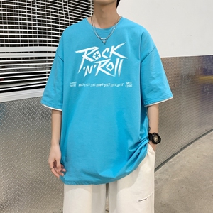 T3481P25新宽松圆领T恤港风落肩纯棉T短袖字母卡通印花T恤2022男图片