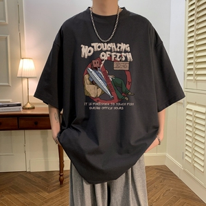 T7158P25 夏2023落肩款宽松棉T男士T恤港风印花纯棉短T图片