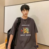 T3765P25字母卡通印花T恤新2022男宽松圆领T恤港风落肩纯棉T短袖，男装T恤，星座510A-6