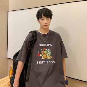 T3765P25字母卡通印花T恤新2022男宽松圆领T恤港风落肩纯棉T短袖图片