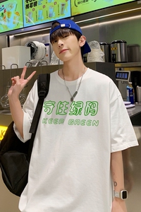 T3488P25春夏新款2022男宽松T恤港风落肩纯棉男T短袖潮趣印花T恤图片