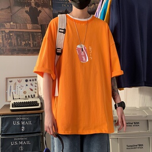 T3461P25春夏新款2022男宽松T恤港风落肩纯棉男T短袖潮趣印花T恤图片