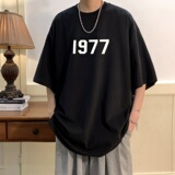 T6238P25夏2023落肩款宽松棉T男士T恤港风印花纯棉短T深灰，男装T恤，星座510A-6