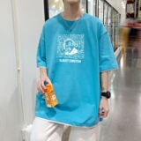 T3476P25宽松圆领T恤港风落肩纯棉T短袖字母卡通印花T恤新2022男，男装T恤，星座510A-6