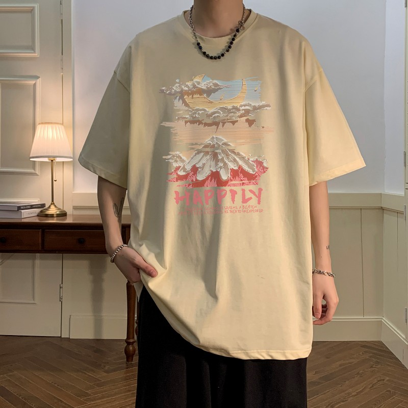 T7143P25夏2023落肩款宽松棉T男士T恤港风印花纯棉短T,男装T恤,星座510A-6