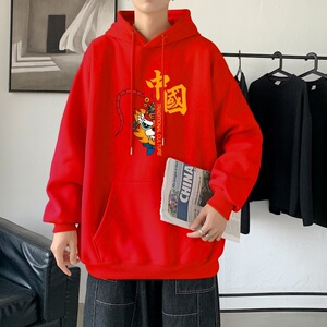 L3134P55港风虎年红色喜庆卫衣本命年红色卫衣宽松连帽红色卫衣图片