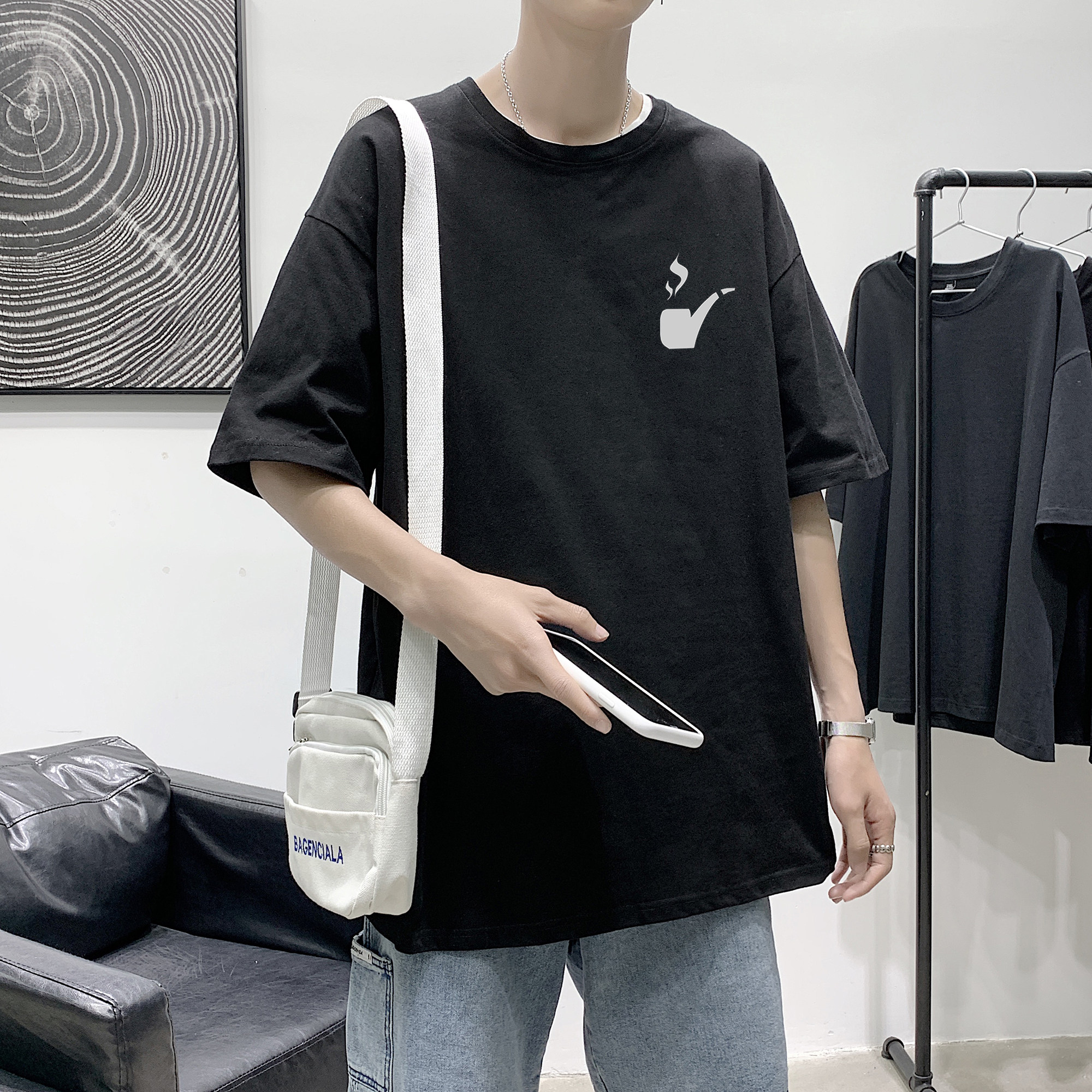 D2122P18 港风室内纯棉男短袖港风净版小标印花宽松休闲情侣装T恤图片