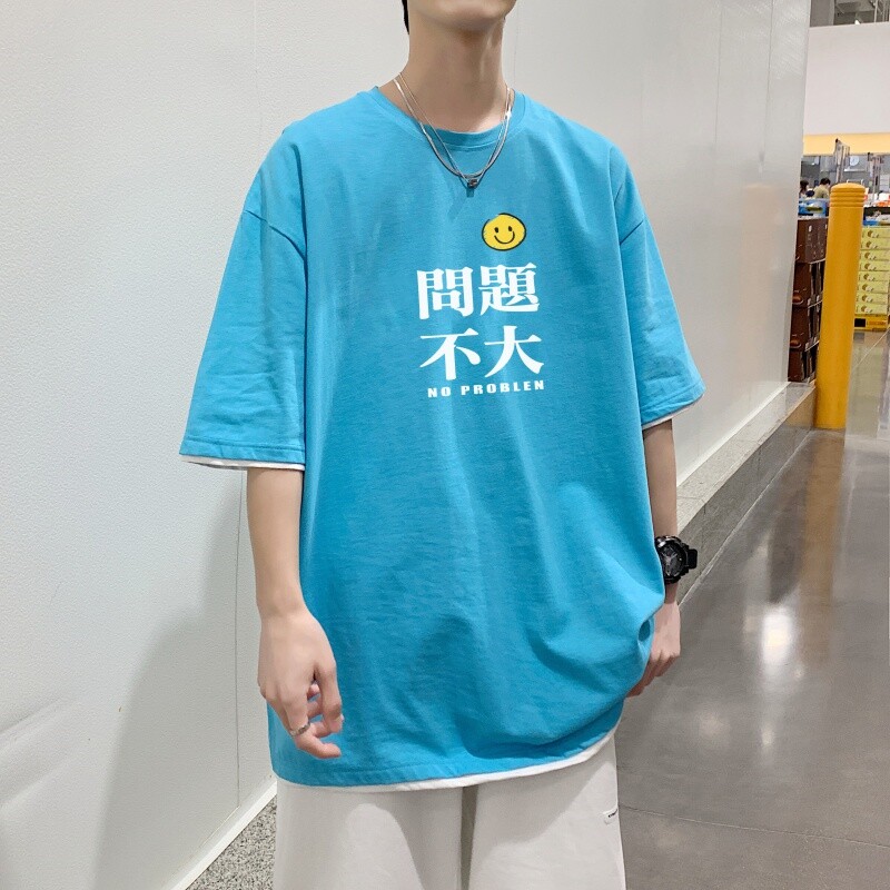 T3359P25短袖潮趣印花T恤春夏新款2022男宽松T恤港风落肩纯棉男T图片