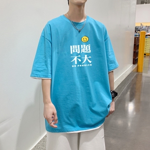 T3359P25短袖潮趣印花T恤春夏新款2022男宽松T恤港风落肩纯棉男T图片