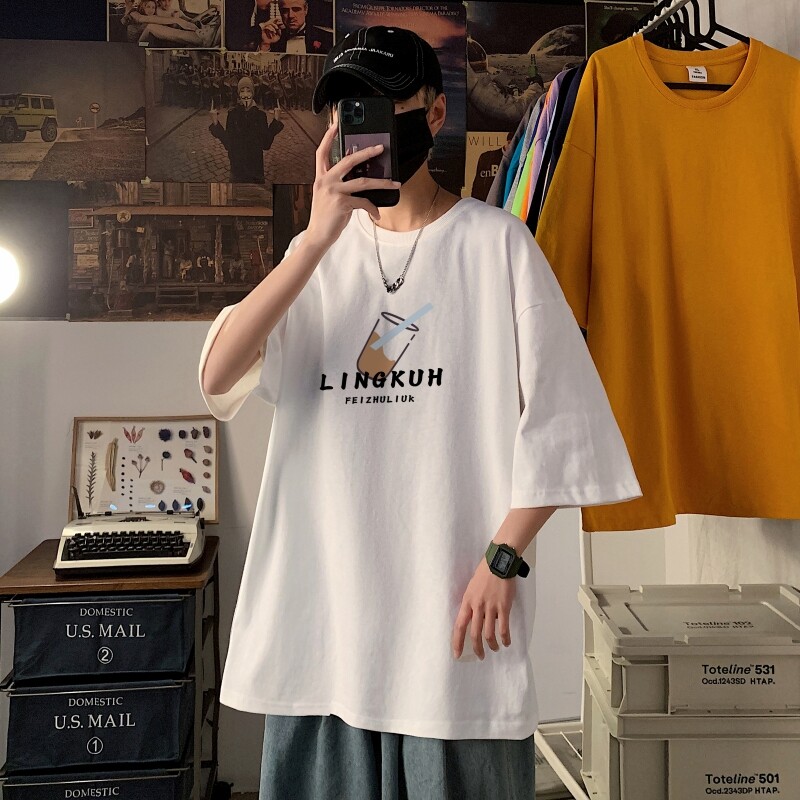 T3252港风落肩纯棉男T短袖T恤加大男T春夏新款2022男士宽松T恤图片