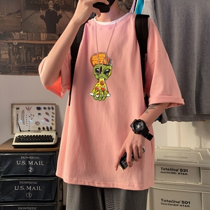 T3425P25春夏新款2022男宽松T恤港风落肩纯棉男T短袖潮趣印花T恤图片