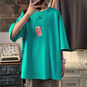 T3461P25宽松T恤港风落肩纯棉男T短袖潮趣印花T恤春夏新款2022男图片