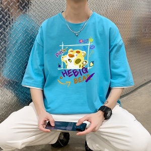 T3482P25港风落肩纯棉男T短袖印花T恤春夏新款卡通印花宽松T恤图片
