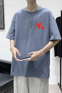 D2121P18 港风室内纯棉男短袖港风净版小标印花宽松休闲情侣装T恤图片