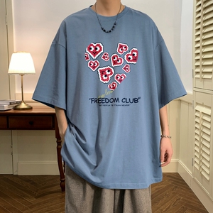 T6295P25 夏2023落肩款宽松棉T男士T恤港风印花纯棉短T图片