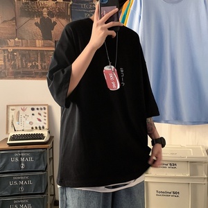 T3461P25宽松T恤港风落肩纯棉男T短袖潮趣印花T恤春夏新款2022男图片