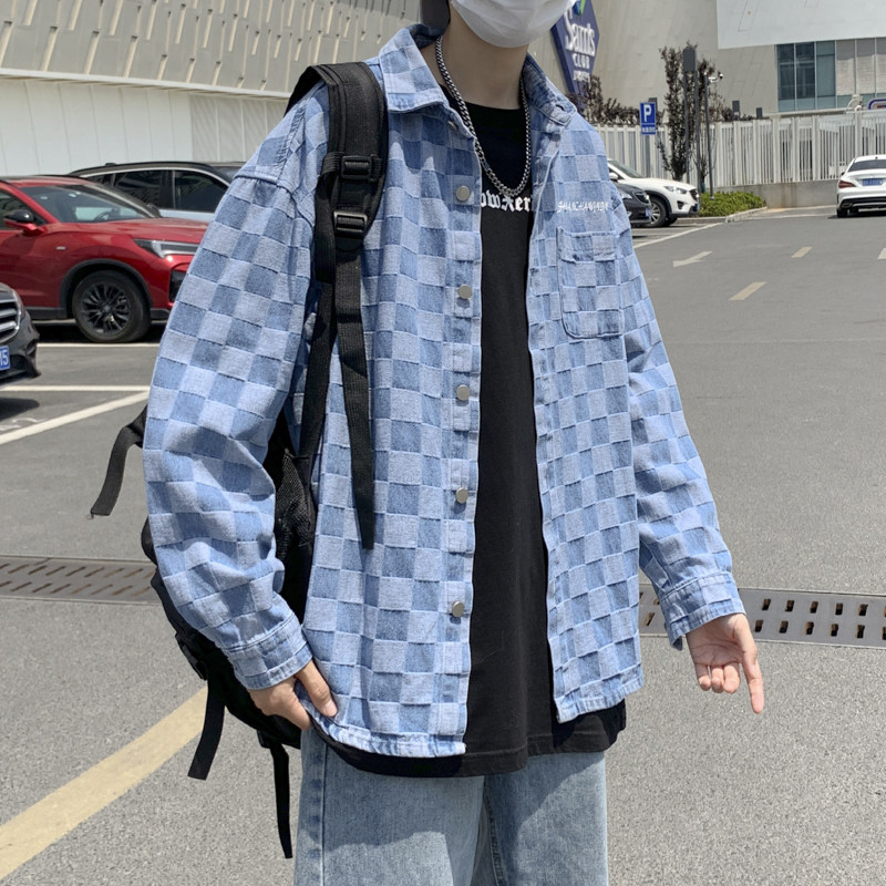 JK5409P65棋盘格复古牛仔外套男潮大码vintage潮牌ins宽松夹克,男装夹克,星座510A-6