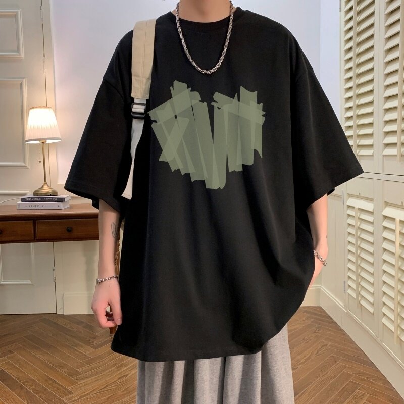 T6243P25夏2023落肩款宽松棉T男士T恤港风印花纯棉短T卡其,男装T恤,星座510A-6