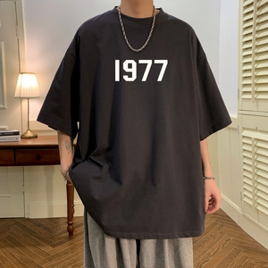 T6238P25 潮爆夏2023落肩款宽松棉T男士T恤港风印花纯棉短T深灰图片