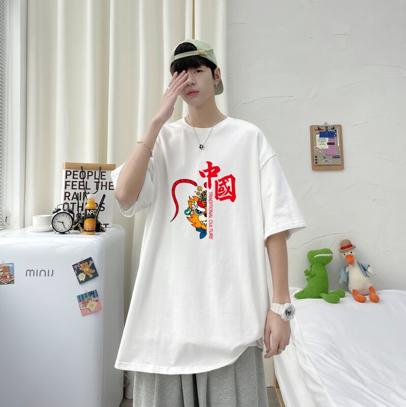 T3255P25港风落肩纯棉男T短袖T恤加大男T春夏新款2022男士宽松T恤图片