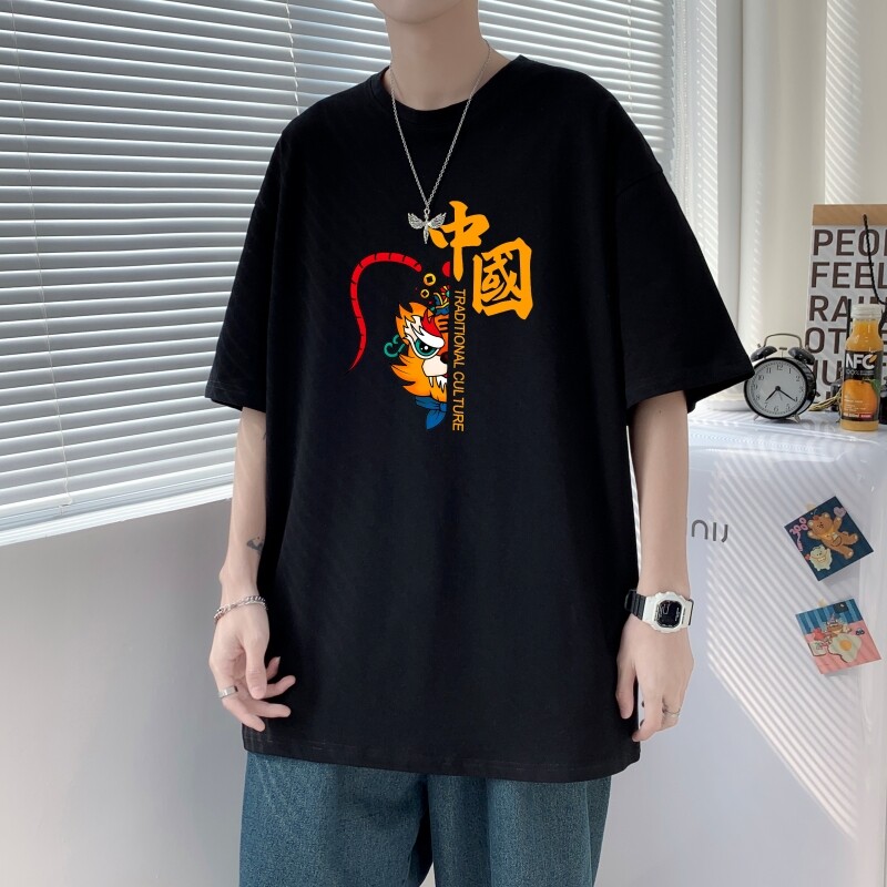 T3255P25春夏新款2022短袖T恤加大男T男士宽松T恤港风落肩纯棉男T图片