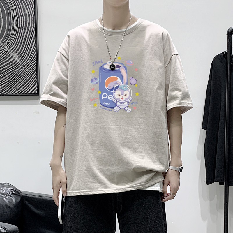 T2264P25港风室内纯棉男短袖港风卡通可乐印花宽松休闲情侣装T恤图片