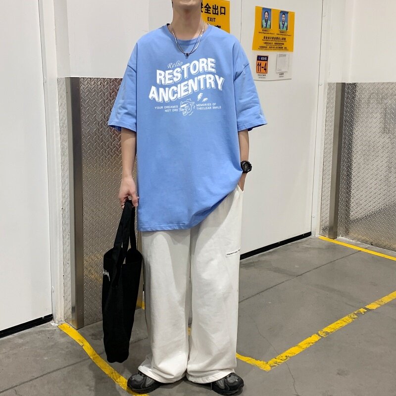 T3344P25宽松T恤港风落肩纯棉男T短袖潮趣印花T恤春夏新款2022男,男装T恤,星座510A-6