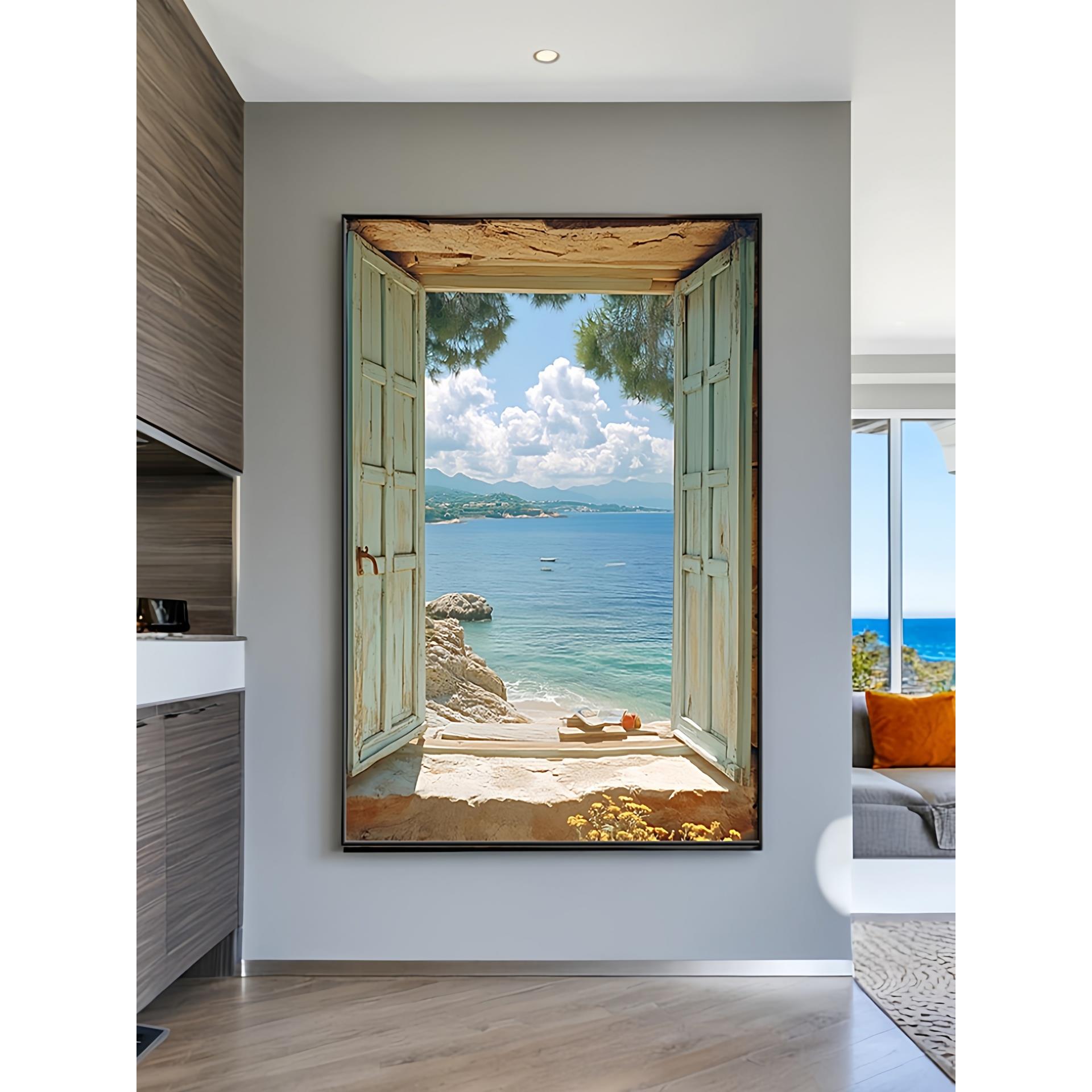 现代简约假窗户大海风景装饰画沙发背景墙落地画空间延伸卧室挂画