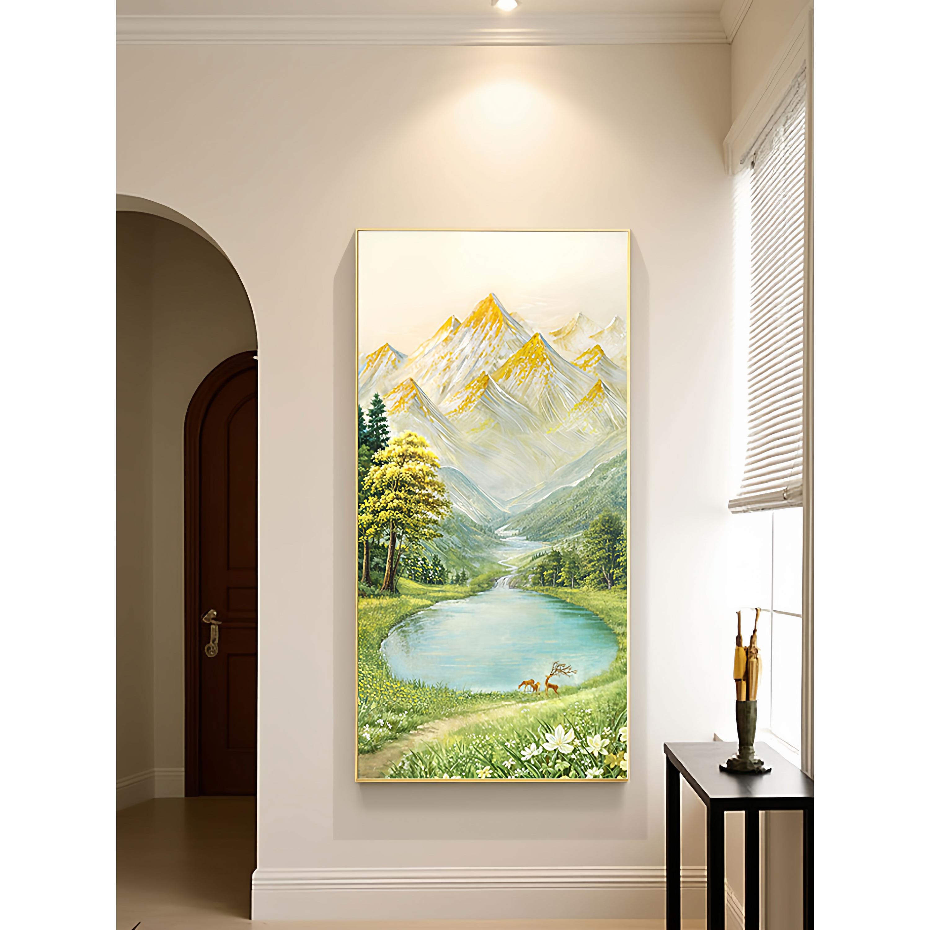 日照金山玄关装饰画入户正对门走廊过道挂画高端手绘油画山水风景图片