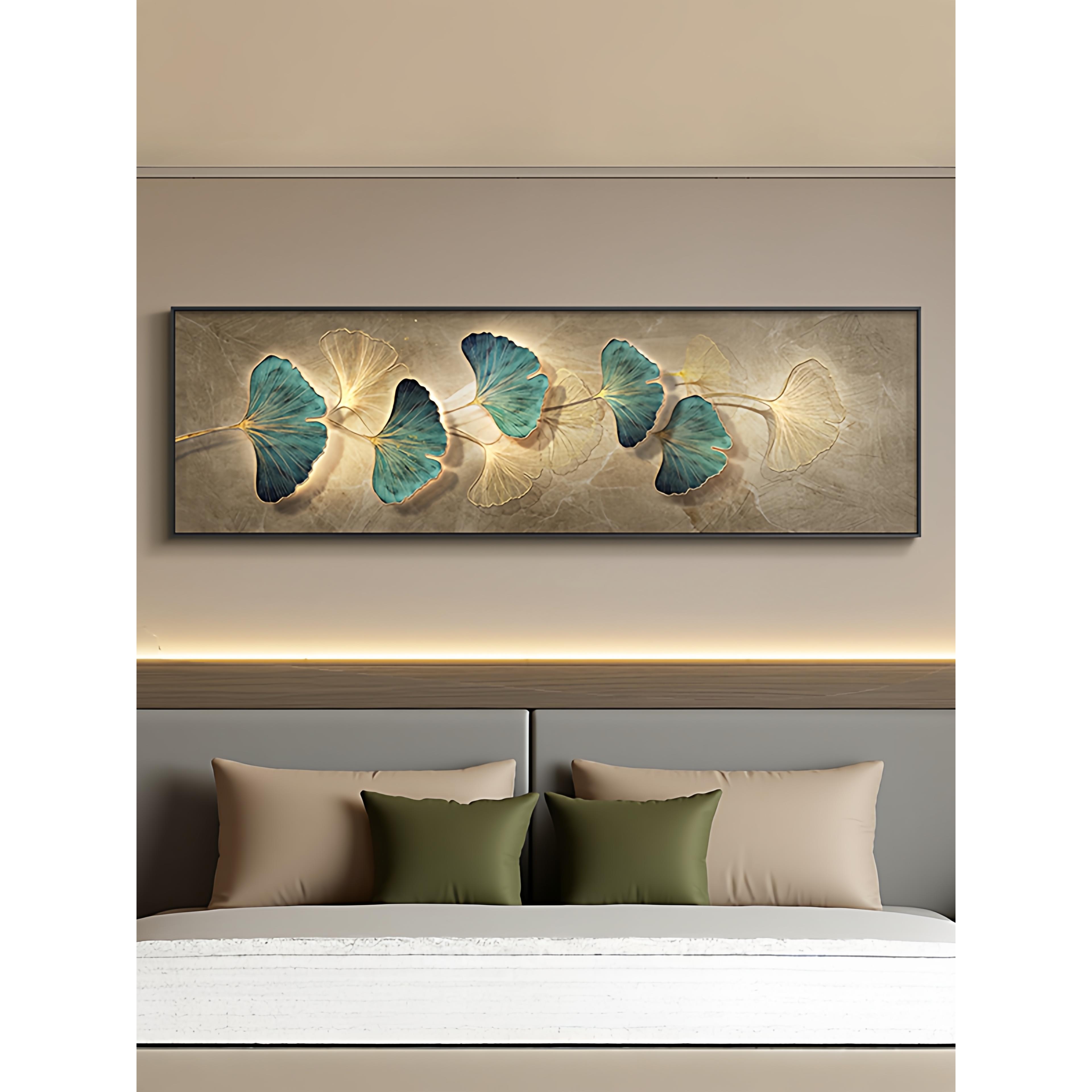 银杏叶卧室装饰画现代轻奢主卧室床头壁画高级感大气客厅挂画横幅