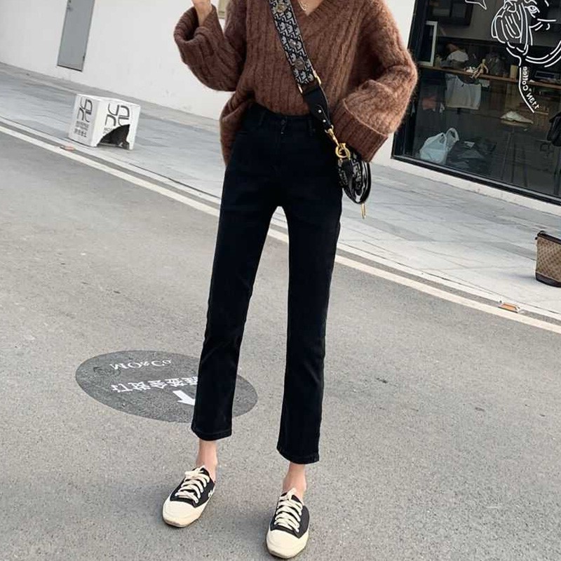 牛仔裤女2022春季潮流新款小个子穿搭紧身休闲高腰直筒九分烟管裤