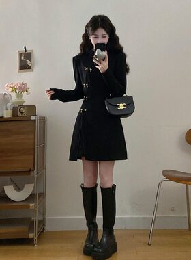 新中式国风黑色长袖连衣裙2026早春大码女装胖mm收腰遮胯短款裙子