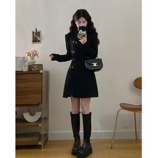 新中式国风黑色长袖连衣裙2026早春大码女装胖mm收腰遮胯短款裙子