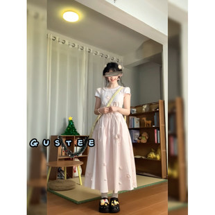 GUSTEE 茶语山樱法式甜美风立体花朵木耳边微泡泡袖连衣裙女长裙