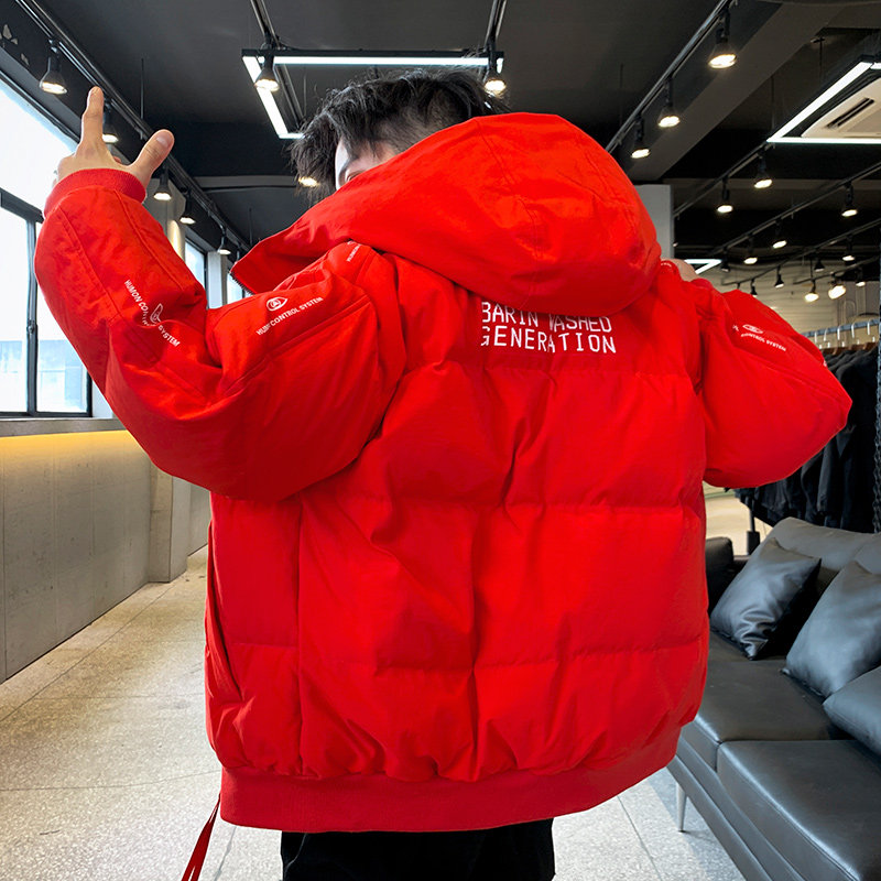 大码短款连帽宽松男士羽绒服冬季加厚白鸭绒学生红色面包服外套男