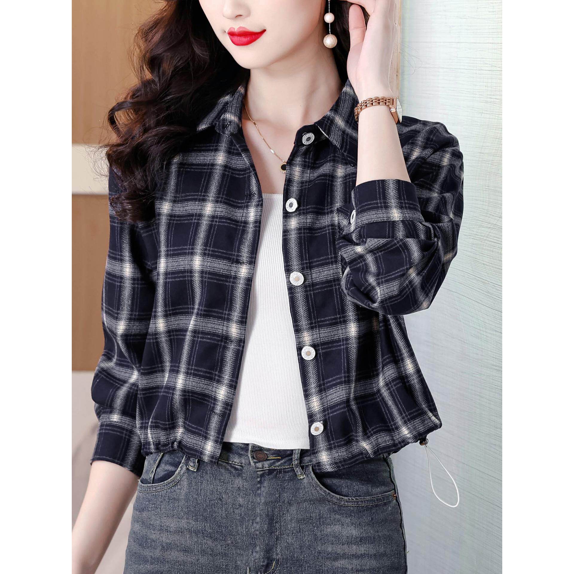 JOYIASS港风覆古格子长袖衬衫女士秋装加厚叠穿衬衣外套显瘦气质