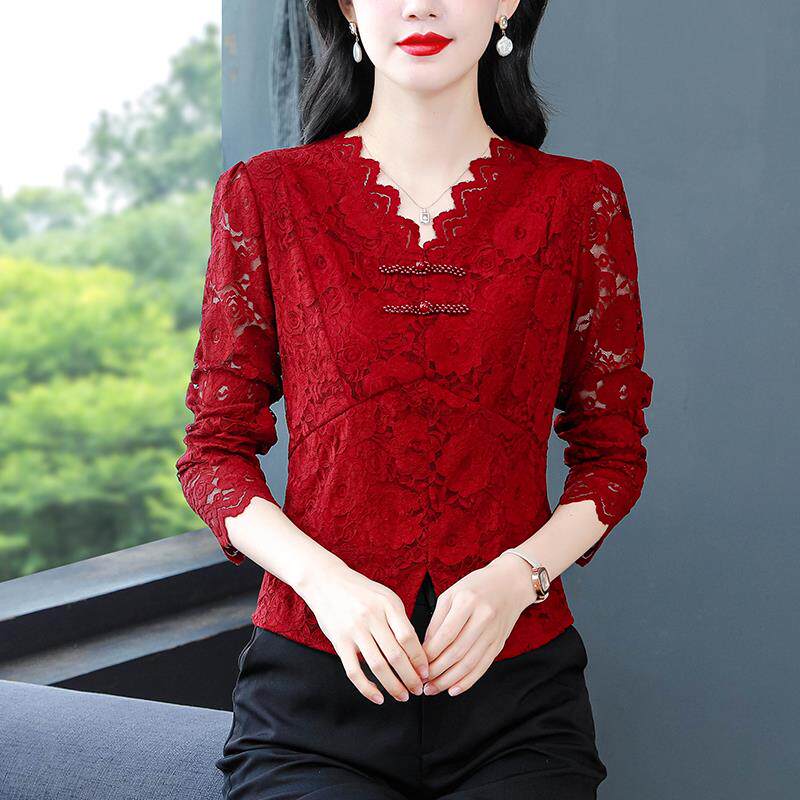 BLLOUKE国风盘扣蕾丝打底衫女长袖秋冬新款洋气V领妈妈小衫修身短