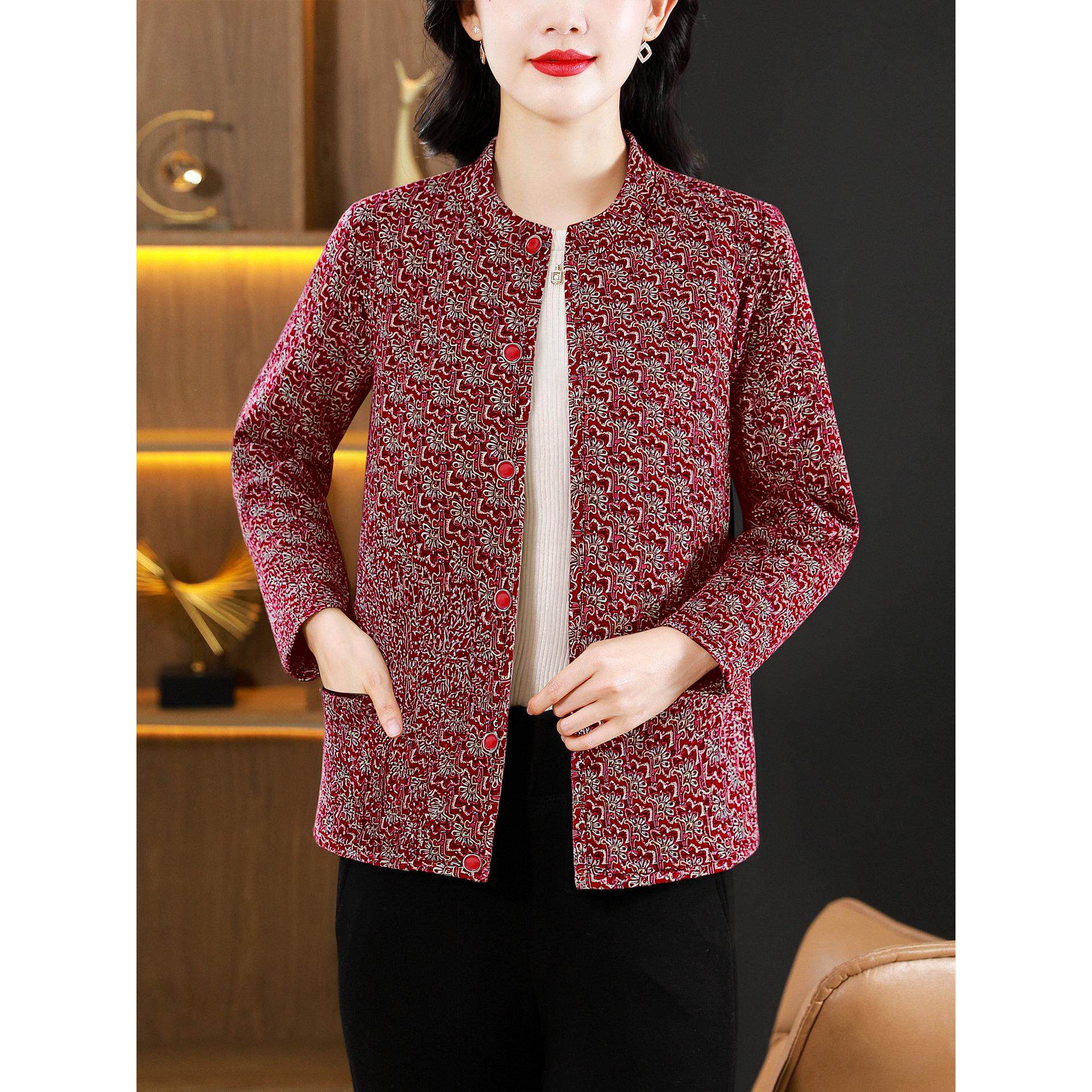 JOYIASS中年妈妈加厚磨毛衣短外套女士秋冬中老年打底碎花袄洋气