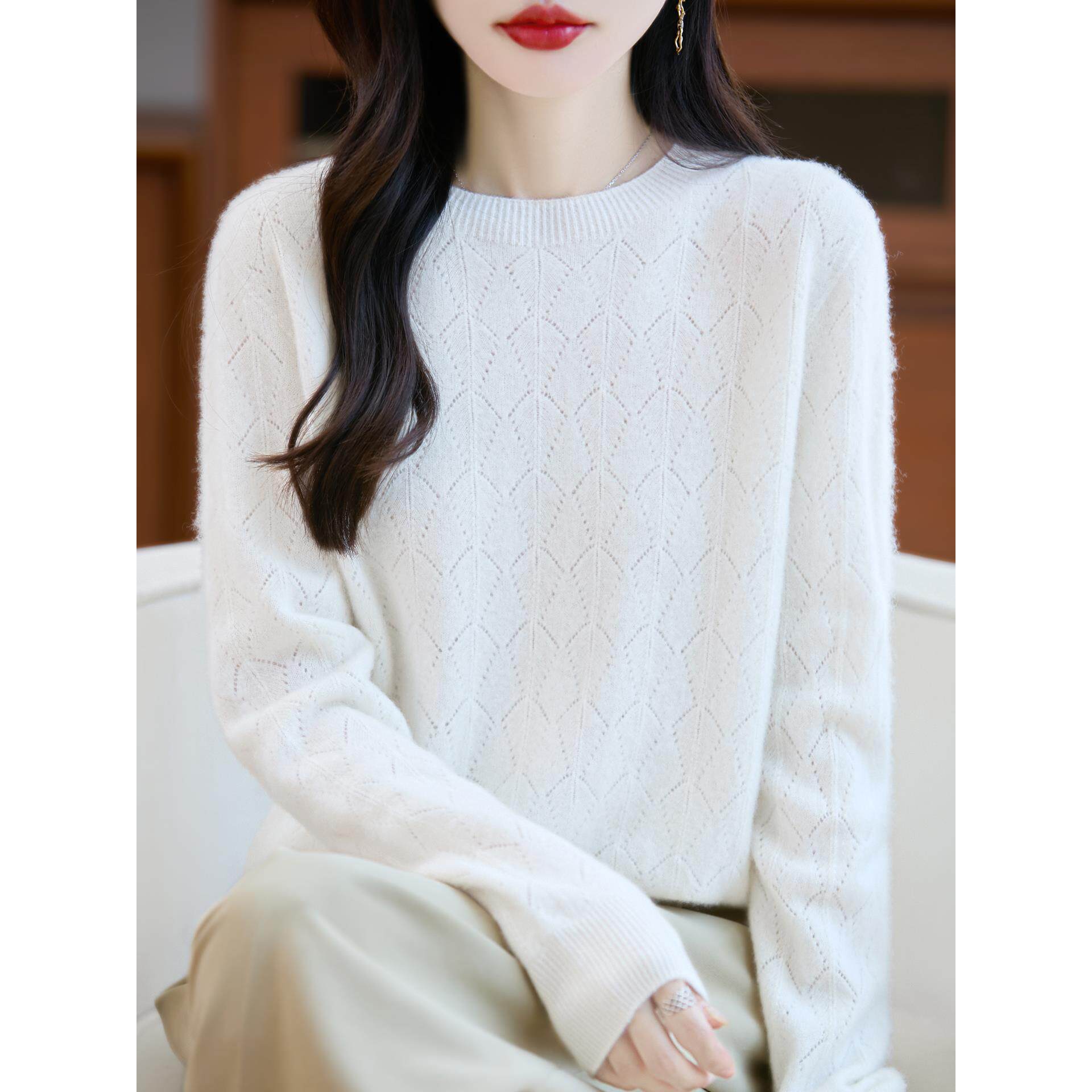 JOYIASS秋冬新款圆领贝壳纹100%纯衫女宽松显瘦针织打底毛衣百搭