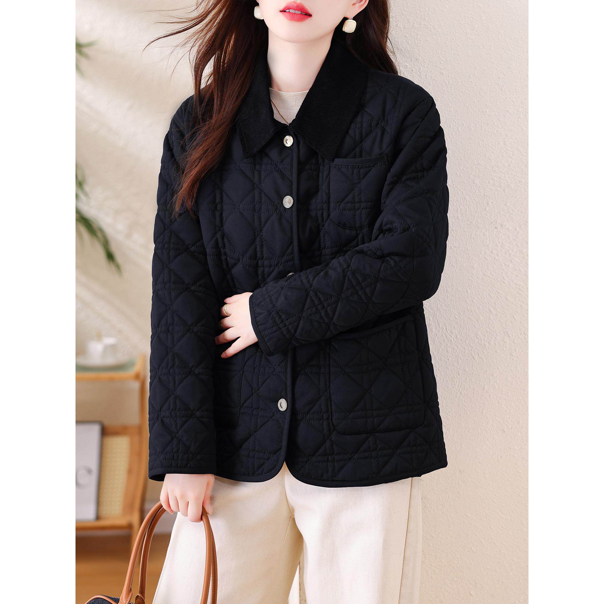 JOYIASS时尚黑色菱格翻领衣短外套女士秋冬夹加厚中老年妈妈服上