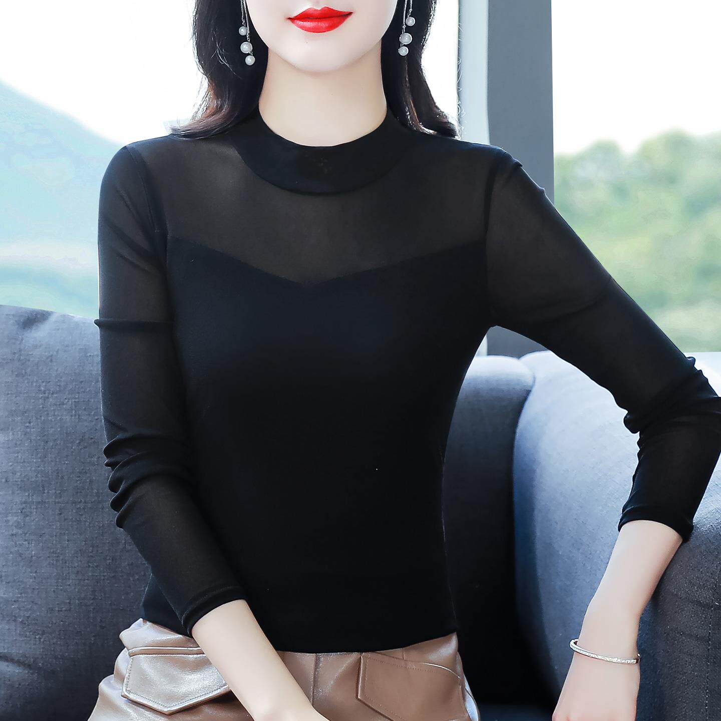 JOYIASS黑色半高领网纱长袖打底衫女士秋冬加绒内搭保暖小衫修身